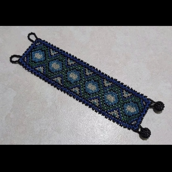 Vintage Beaded Bracelet Blue Green Geometric Gift Idea - Picture 3 of 4